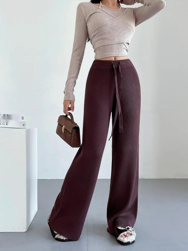 

TVVOVVIN 2XL Long Knitted Wide Leg Pants Autumn Winter Slim Loose Floor Pants Trousers Bell Bottoms Y2k Fashion Korean QW5C