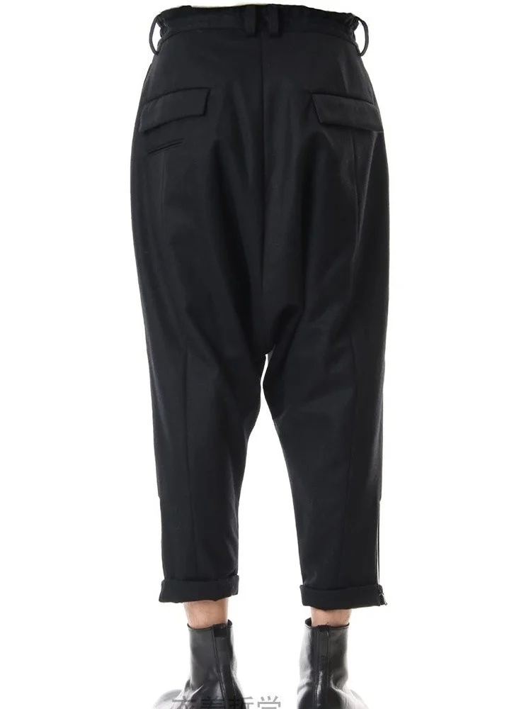 

Autumn Winter Men's New Fashion Black Woolen Nine-point Harem pants Male Loose High Waist Hip Hop Joggers Streetwear Trousers