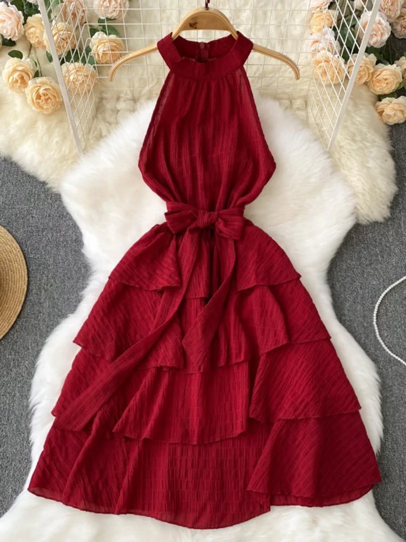 

Женское летнее платье, новинка 2022, модное облегающее платье-трапеция без рукавов с круглым вырезом, поясом и каскадными оборками, Пляжное пр...