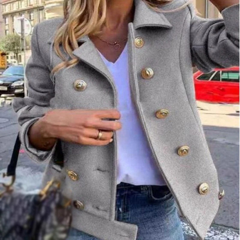 

2022 Women Fashion Double Breasted Woolen Outerwear Autumn Casual Long Sleeve Solid Jacket Winter Elegant Turndown Collar Coats