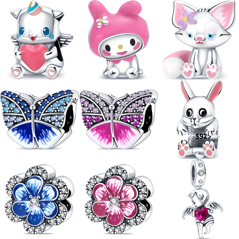 

925 Silver Blue Pink Butterfly Flower Cute Unicorn Cat Rabbit Angel Bead Fit Original Brand Charm Bracelet Bangles DIY Jewelry