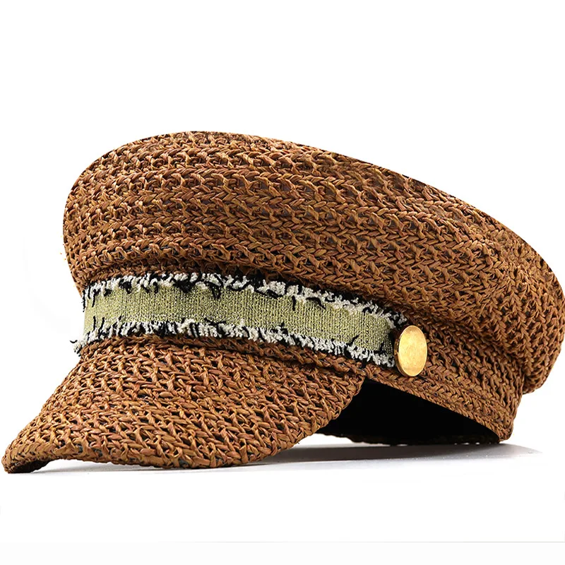 

Fashion Straw Woven Military Cap Summer Casual Travel Newsboy Hat Quality Flat Women Hat