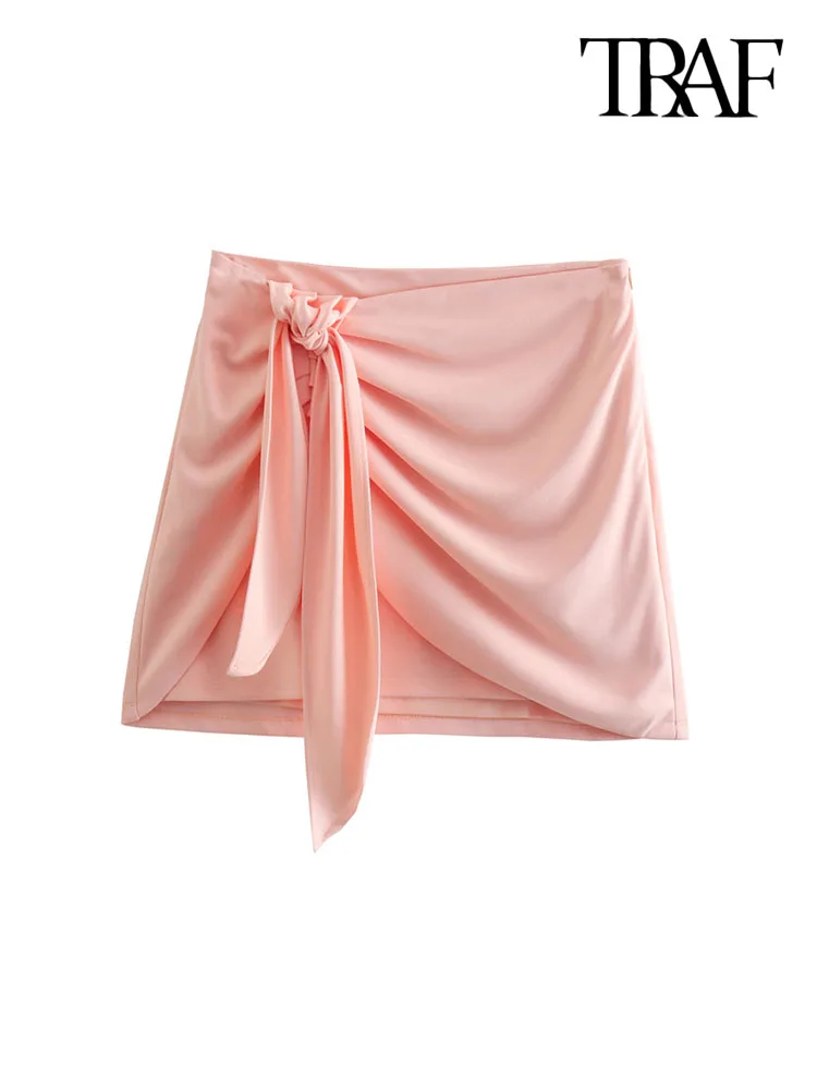 

TRAF Women Fashion With Bow Tied Draped Mini Skirt Vintage High Waist Side Zipper Female Skirts Mujer