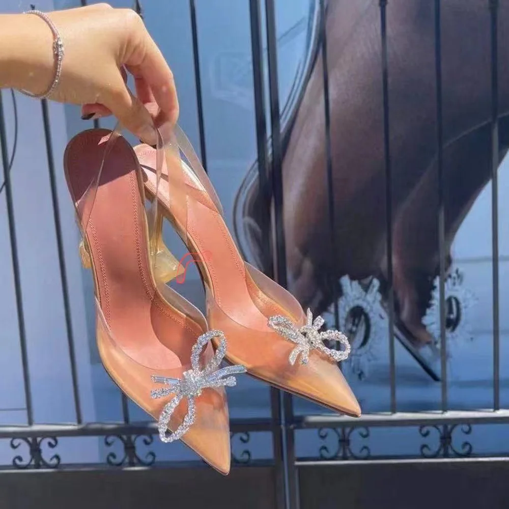 

Europe and The United States 2022 Summer New Rhinestone Bow Transparent Sandals Pointed Toe Jelly Fairy Style High Heels