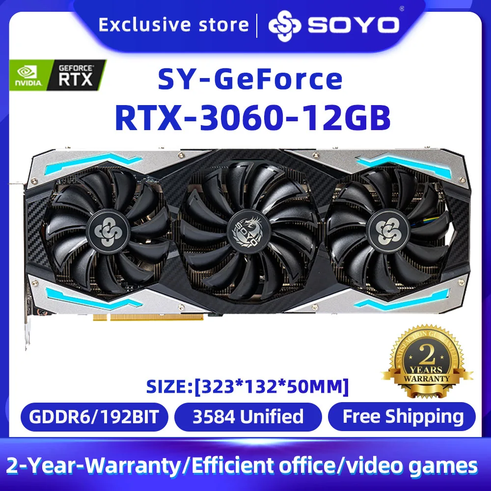 

SOYO Graphics Cards RTX 3060 12G GDDR6 GPU 192bit DP*3 HDMI*1 PCI Geforce rxt 3060 Video Card Gaming Desktop Computer Card