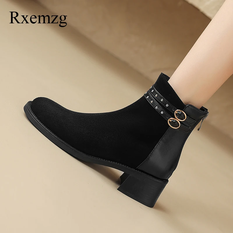 

Rxemzg 2024 Square Heel Round Toe Sexy Concise Square Button Modern Boots Autumn Winter Short Plush Ankle Boots For Women Shoes