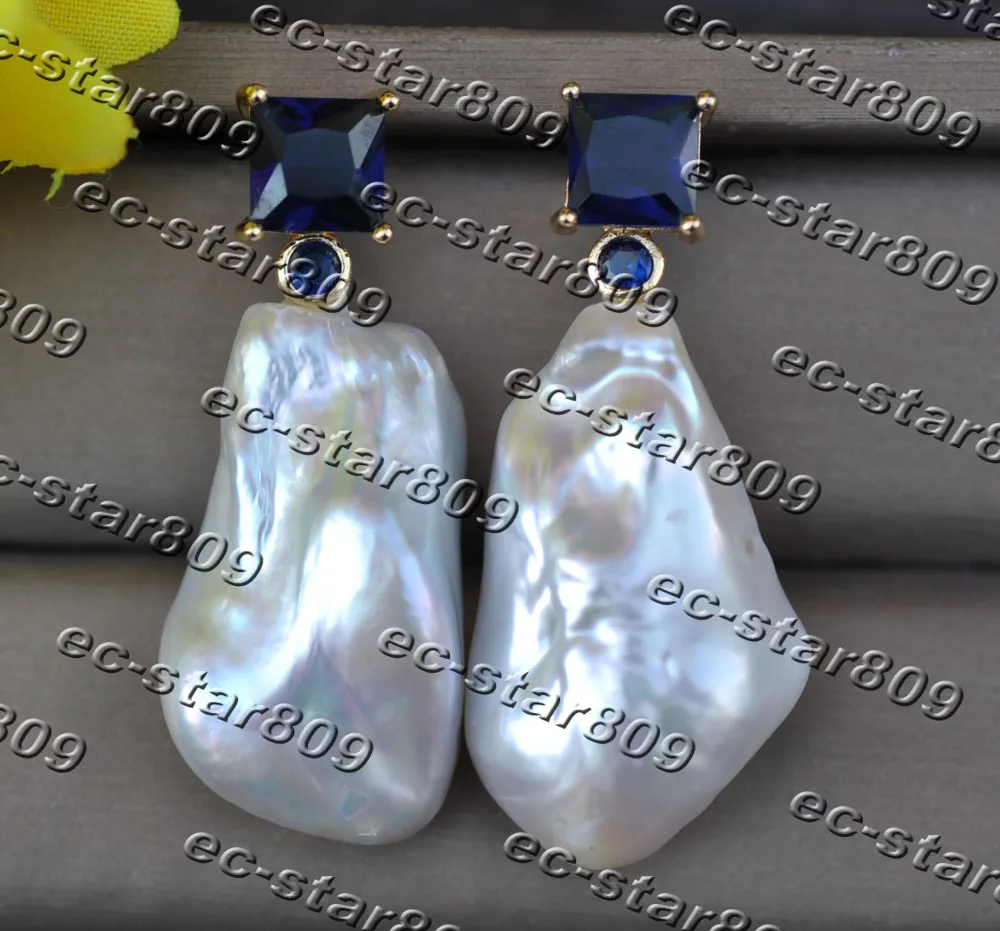 

MTC·STAR Z11526 Big 35mm Baroque White Reborn Keshi Pearl Blue CZ Earring