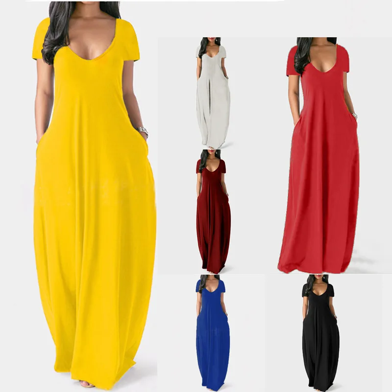 

Spring/Summer 2023 New Women's Solid Dress Sexy Deep V Short Sleeve Long Dress