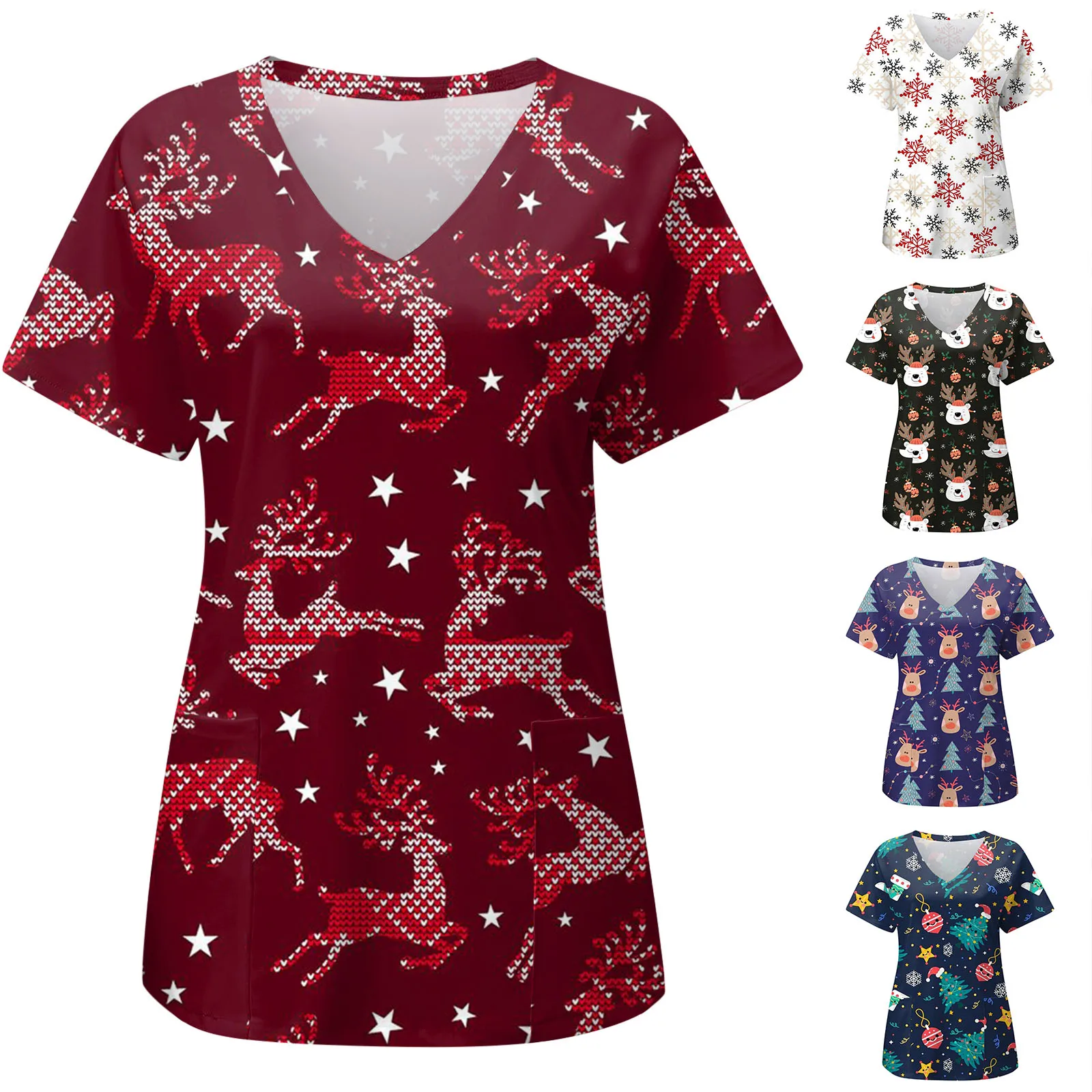 

Scrubs Medical Uniform 2023 Christmas Santa Womens Short Sleeve V Neck Printed Top Nurses Doctor Beauty Health Clinicos Cloth