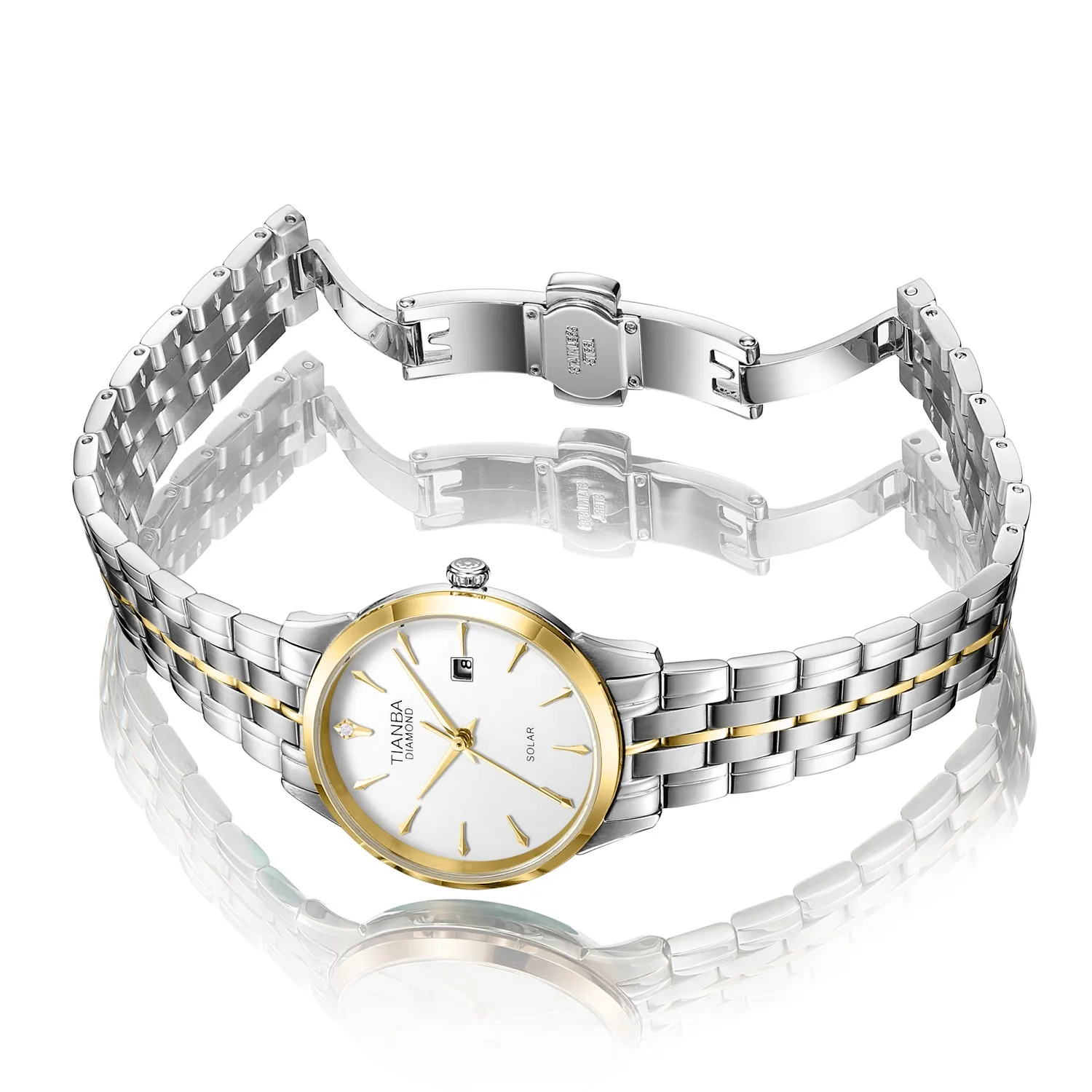 Женские кварцевые часы с календарём на стальном ремешке