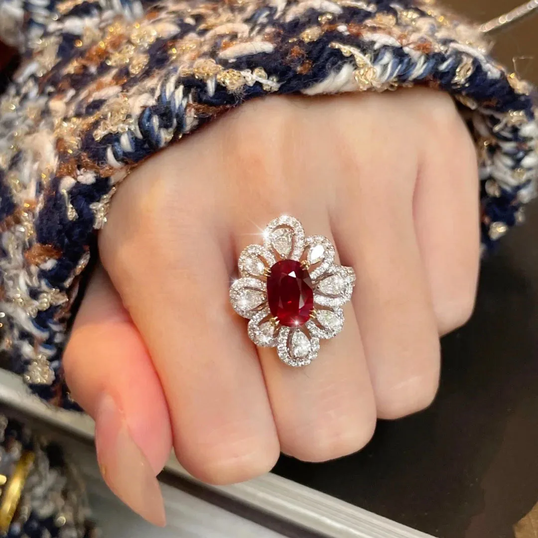 

New Bright Luxurious Floral Ring Women's Red White AAA Zircon Wedding Engagement Anniversary Jewelry D933 Adjustable Size