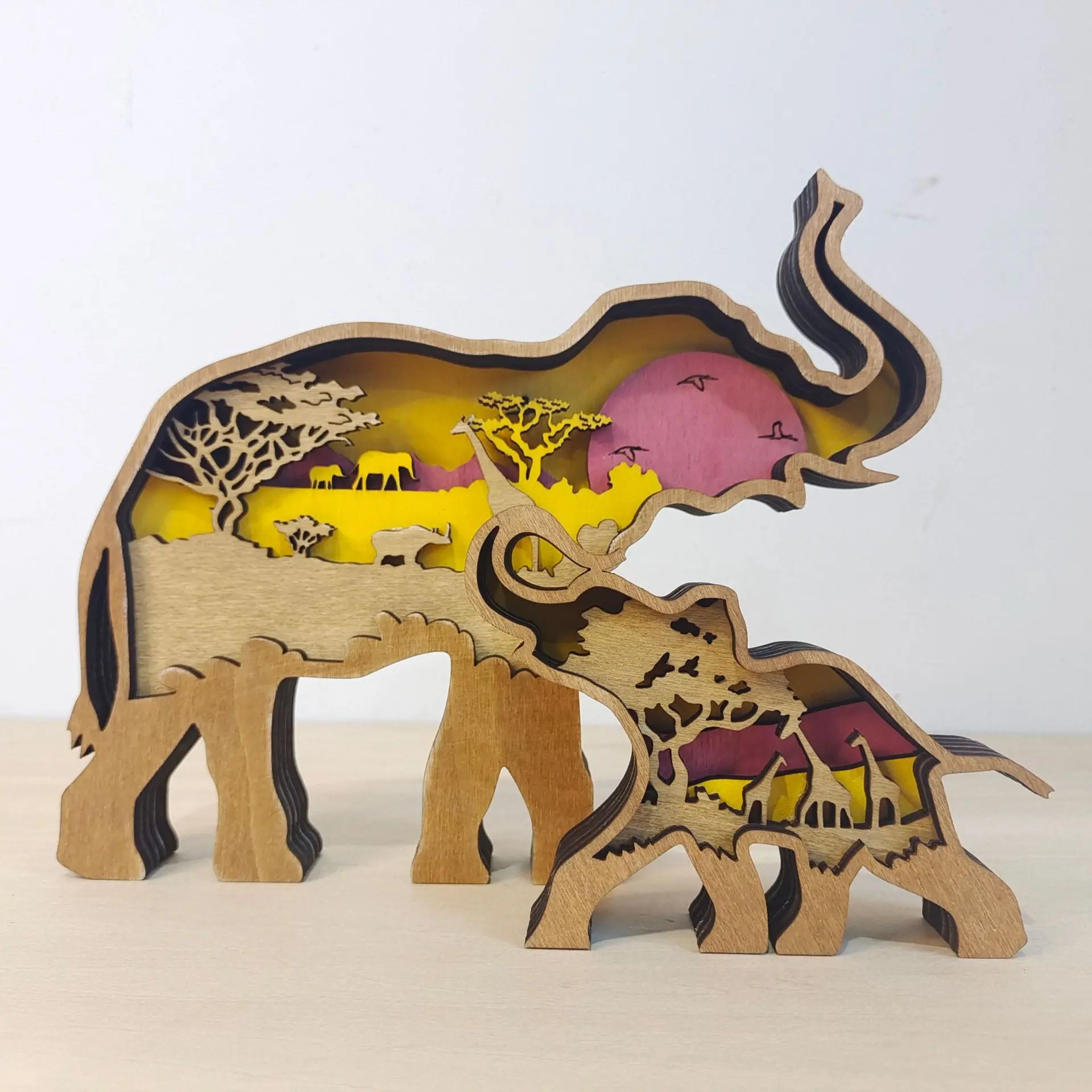

Wooden Carved Elephant Crafts Ornament Creative Mother's Day Home Decoration Elephant Parent Child Table Crafts Decoration