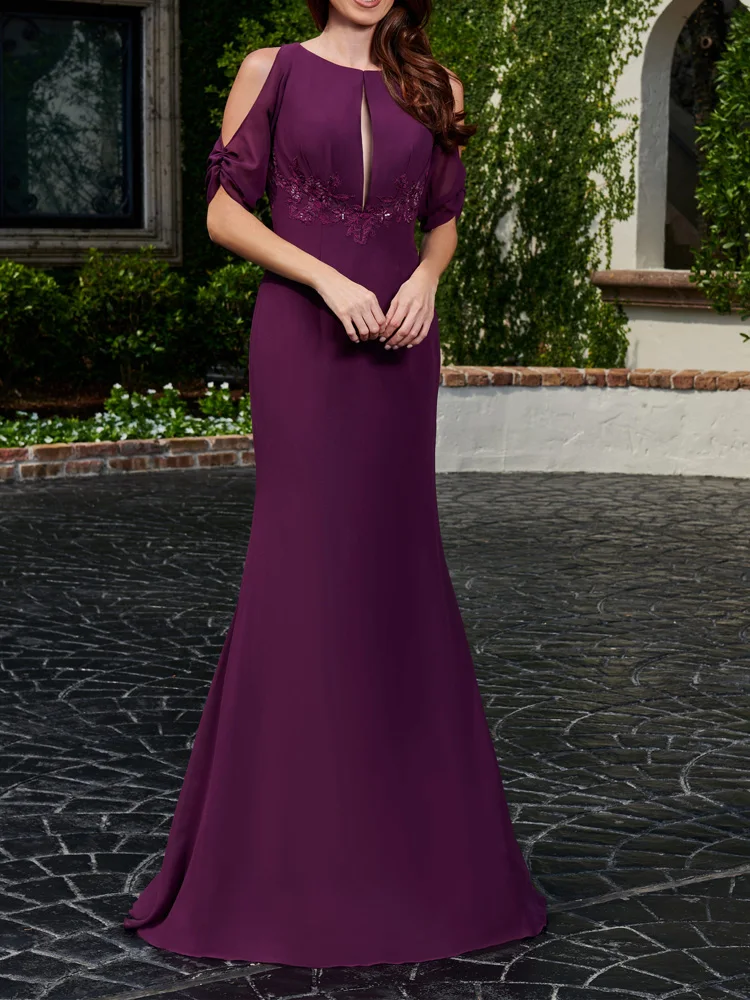 

Purple Mother of the Bride Dress Chiffon Fitted Aline Formal Occassion Dresses with Scoop Neckline