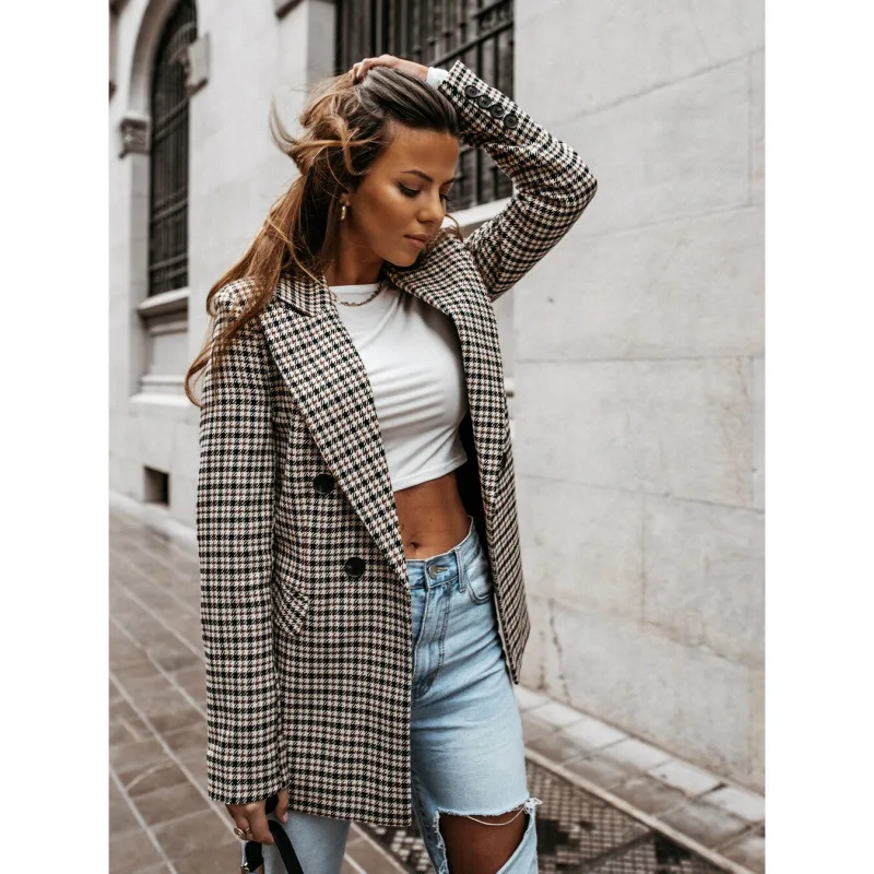 Blazer for Women 2023 Autumn and Winter New Coat Button Plaid Print Women Blazer Jacket Women's Mid Length Coat