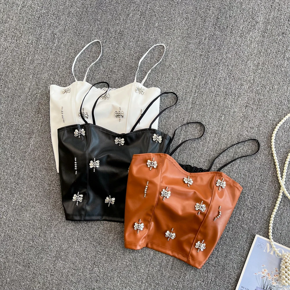 

Sexy Faux Leather Cool Crop Top Women Fashion Punk Tank Top Metal Deco Bralet Bustier Bra Night Club Vest Tops