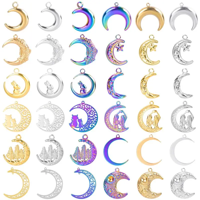 

10pcs Stainless Steel Charm Cute The Rabbit On Moon Pendant Making DIY Crescent Moon Necklace Earrings Jewelry Craft Supplies