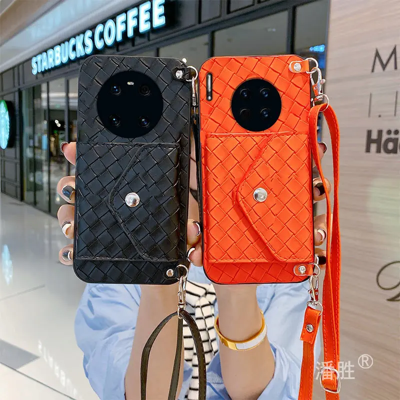 

Simple Balck Woven Strap Crossbody Purse Leather Phone Case for Huawei Mate 40 40e 40Pro 30 20 20Pro 20x Wallet Phone Cover Case