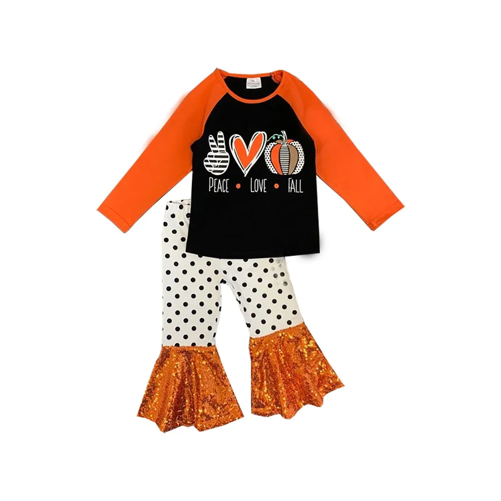 

Оптовая продажа, детские костюмы на Хэллоуин, мир, любовь, тыква, топ, топы, блестки, колокольчики, нижние брюки, наборы