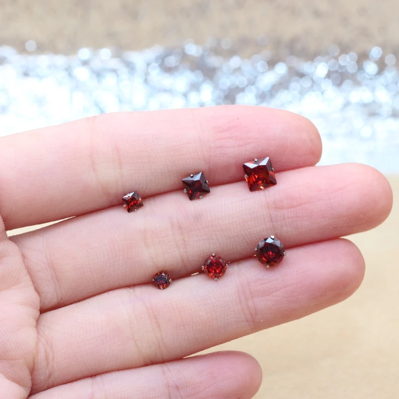 

Brief 316 L Stainless Steel Stud Earrings With Ponegranate Red Zircons No Fade Allergy Free Classic Style