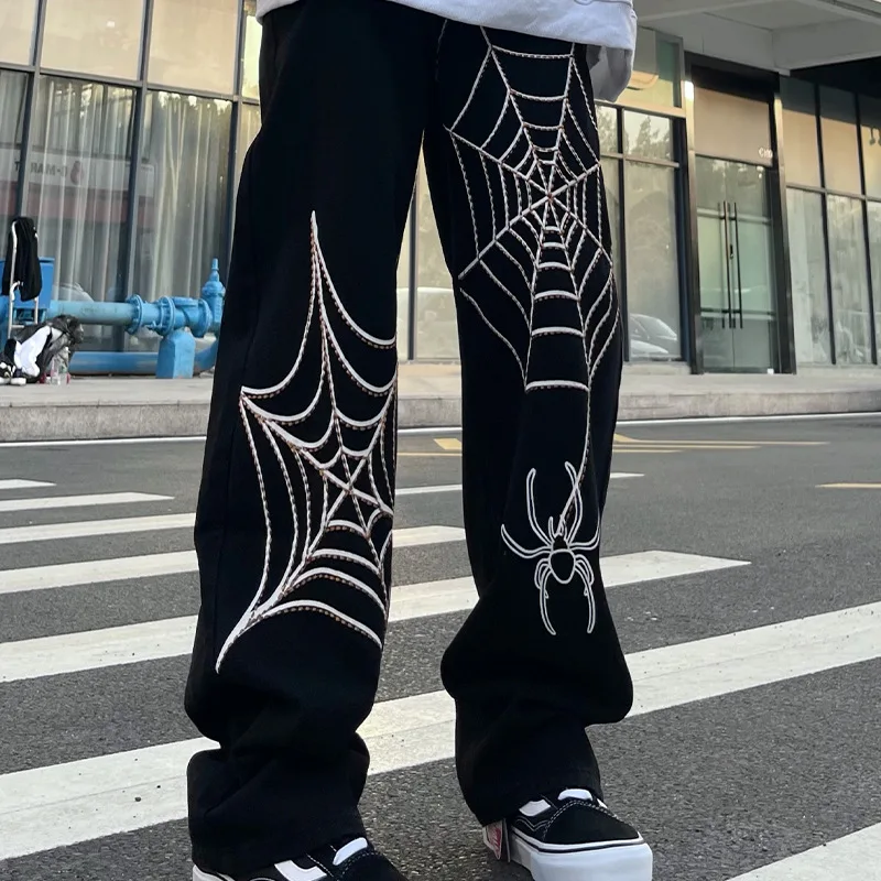 European and American High Street Fashion Brand Spider Web Print Loose Daddy Pants Men's American Street Straight jeans
