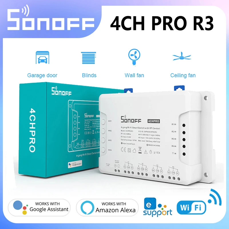 

Sonoff 4CH Pro R3 Smart Home 433Mhz RF Wifi Light Switch 4 Gang Inching Interlock Self-locking Wifi Switch Work With Google Home