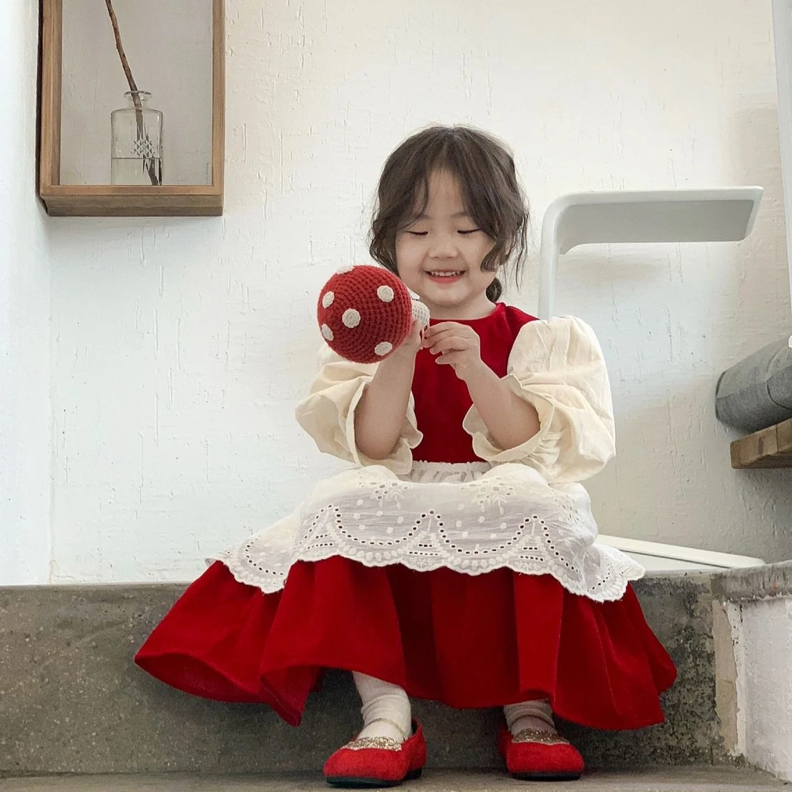 

4902D Girl Dress 2023 Spring Autumn New Fashion Girl's Red Dress Long-sleeved Bib Skirt Korean Lolita Red Dress Princess Dress