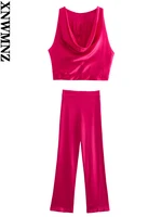 xnwmnz 2022 women fashion drape neckline crop top or satin flowy side zipper trousers female chic suit