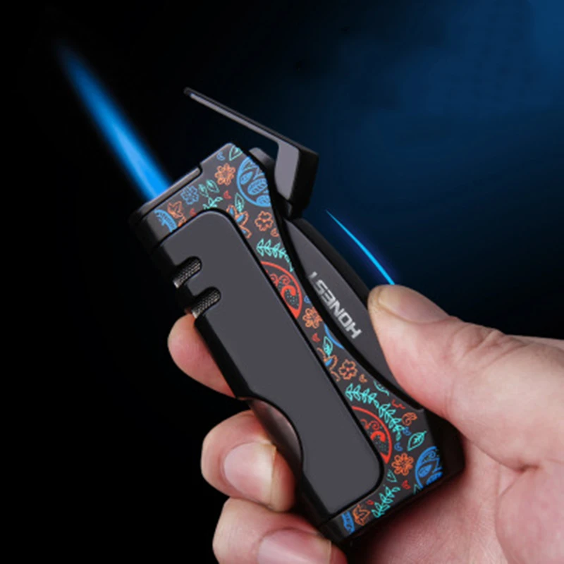 

2023 New Creative Metal Outdoor Windproof Butane Gas Lighter Turbine Torch Blue Flame Straight Shot Gun Cigar Tool Men's Gift