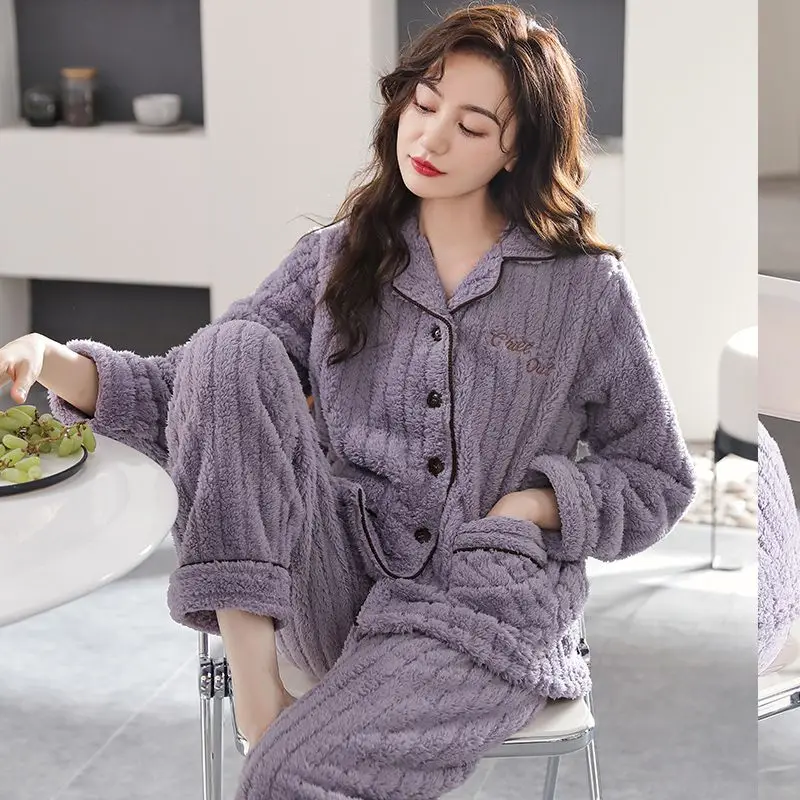 pajamas for womens flannel winter thicken warm long sleeve nightwears woman two pieces sets sleepwear clothing female clothes