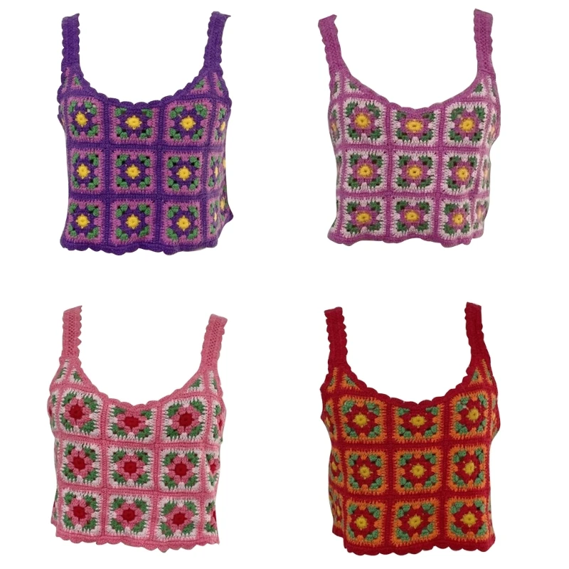 

Womens Summer Crochet Tanks Top Colorful Floral Embroidery Knit Vest Tops Casual Camisole Mini Sweater Tops