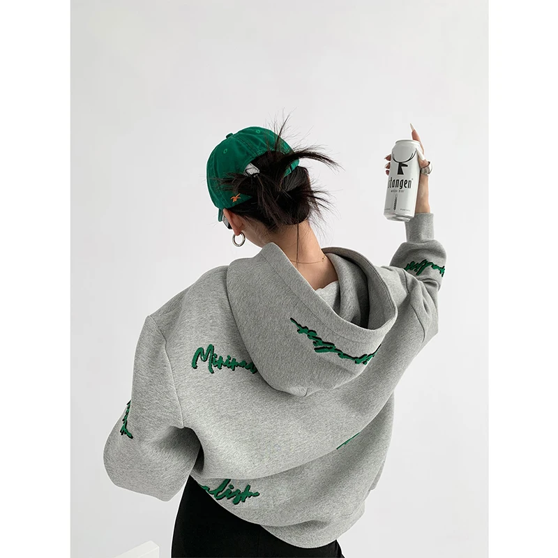 

Korean Women's Clothing Vintage Grey Loose Pullover Fashion Letter Print Sweatshirt Autumn Lazy Casual Raglan Sleeves Hoodie