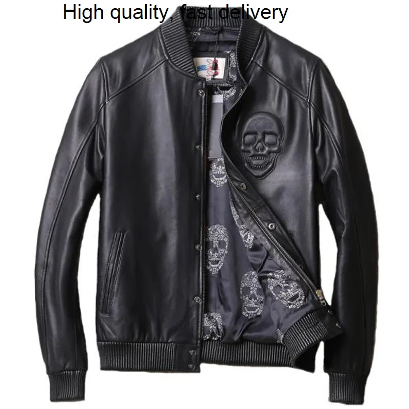 

Mens 4XL Oversized Real Leather Jacket American Style Plus Size XXXXL Skull Pattern Man's Sheepskin Leather Jackets Spring A785