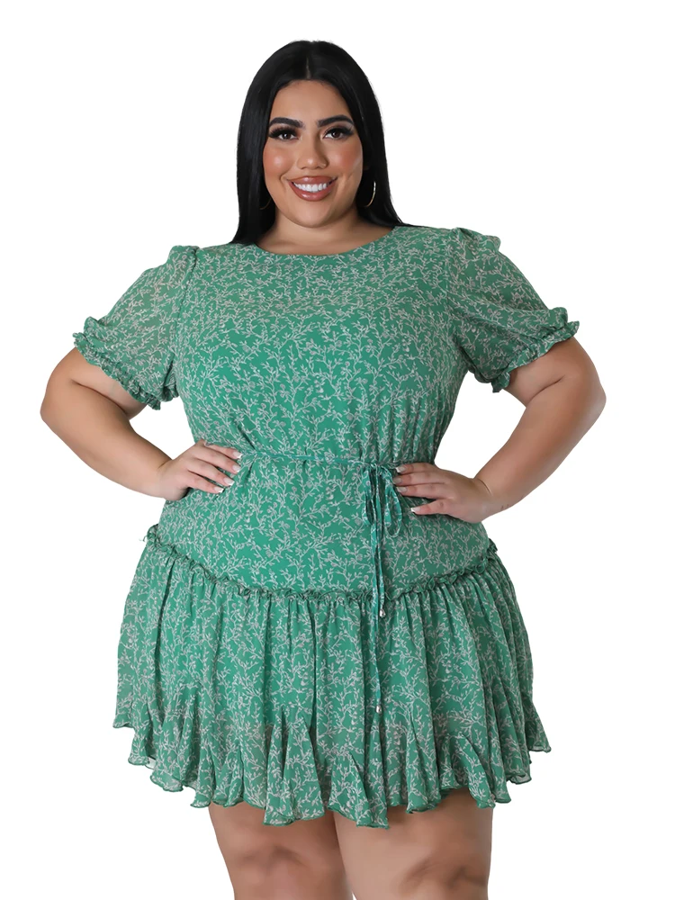 Elegant Floral Print Plus Size Women Dress Spring Summer Casual O Neck Short Sleeve Chiffon A Line  Dress Party Vestidos