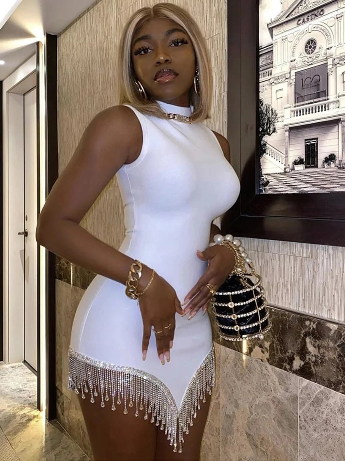 Женское Бандажное платье без рукавов элегантное облегающее вечернее со стразами