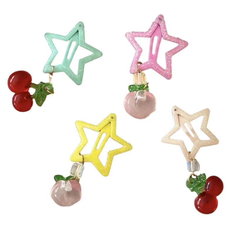 

E0BF Y2K Star Hair Clip with Cherry Pendant Star Shaped Bangs Clip for Party Exquisite Hollow Star Barrettes Jewelry Gift
