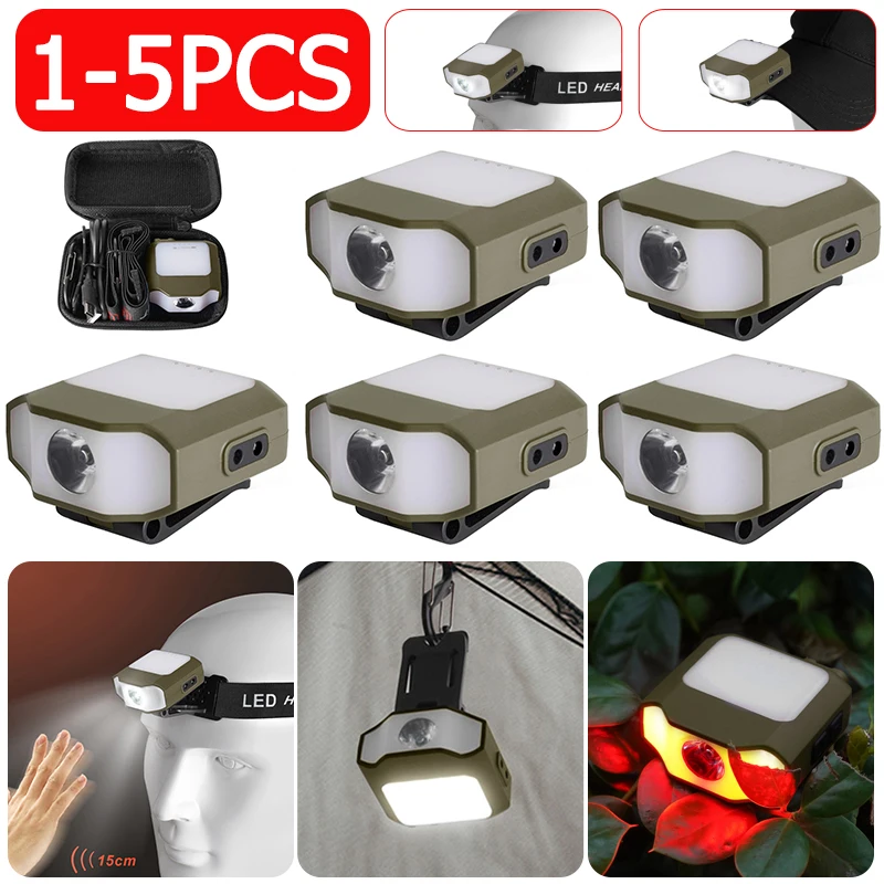 

1-5pcs Sensor Headlamp 6 Modes COB LED Headlight Type-C Charging Camping Headlamp Waterproof Emergency Work Lights for Fishing