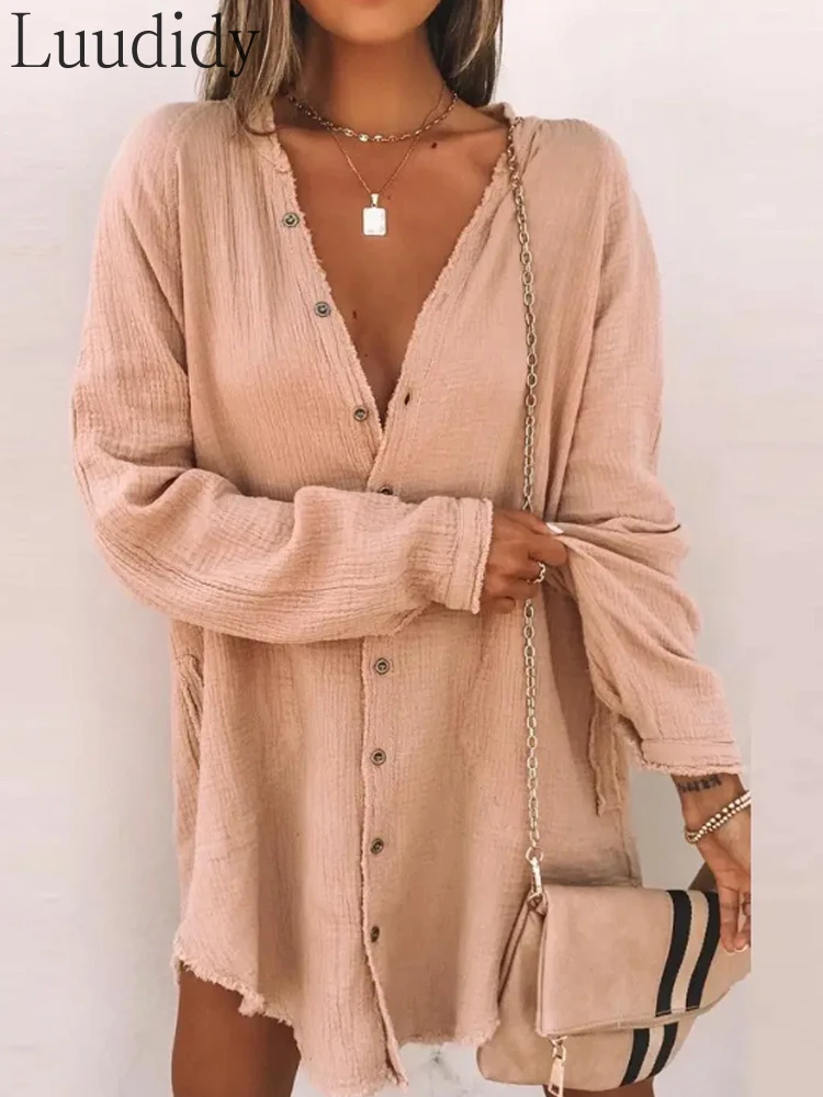 

Women Apricot Long Sleeve Button Down Shirt Dress