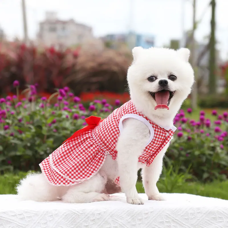 

Dog Clothes Skirt Bow Wedding Dress Spring Summer Autumn New Style Plaid Pet Cat Clothing Supplies Stripes Service Dog Vest