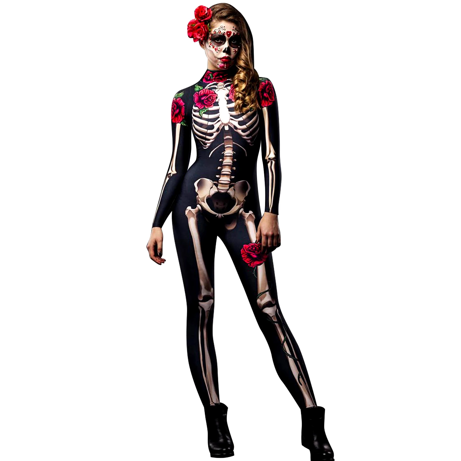 

Party City Day of the Dead Catsuit Women's Halloween Costume, Dia de Los Muertos