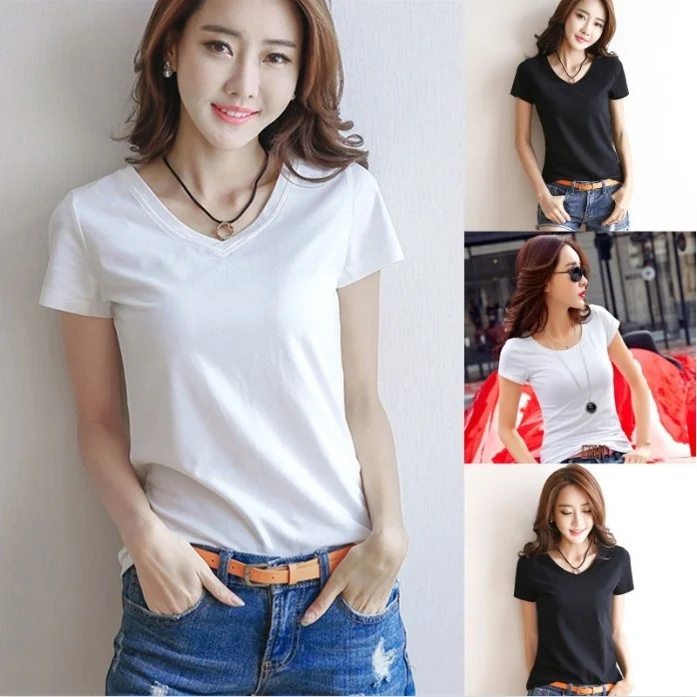 

Женская летняя Однотонная футболка с коротким рукавом и V-образным вырезом