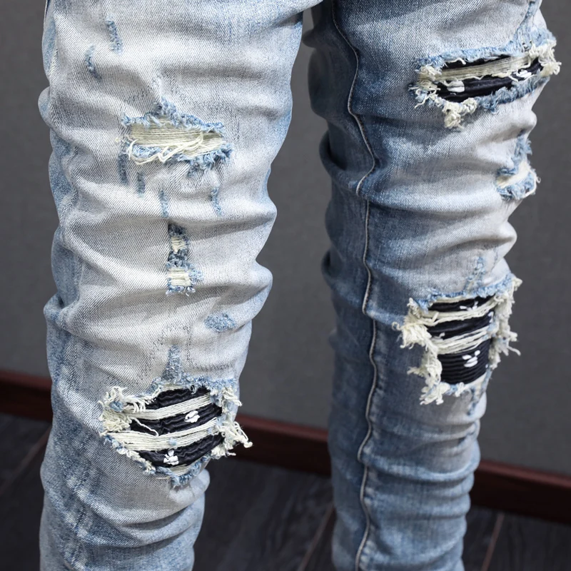 High Street Fashion Men Jeans Retro Light Blue Elastic Stretch Skinny Ripped Jeans Men Patch Designer Hip Hop Brand Pants Hombre