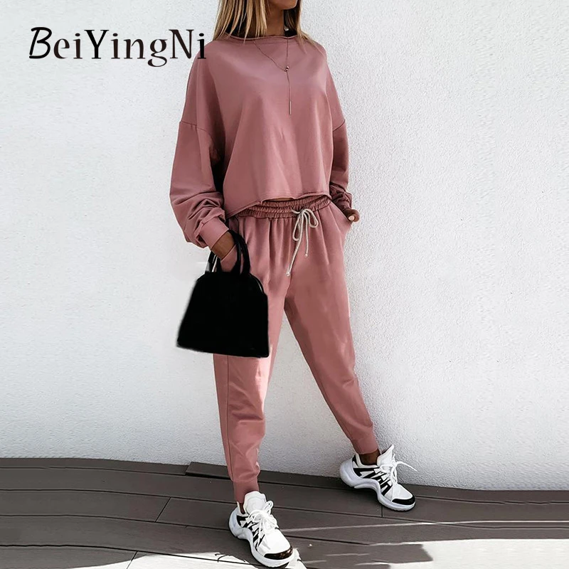 

Beiyingni Solid Casual Women's Suit O-neck Long Sleeve Short Tops And Hight Waist Lace-up Harem Pants Loose Female Two Piece Set