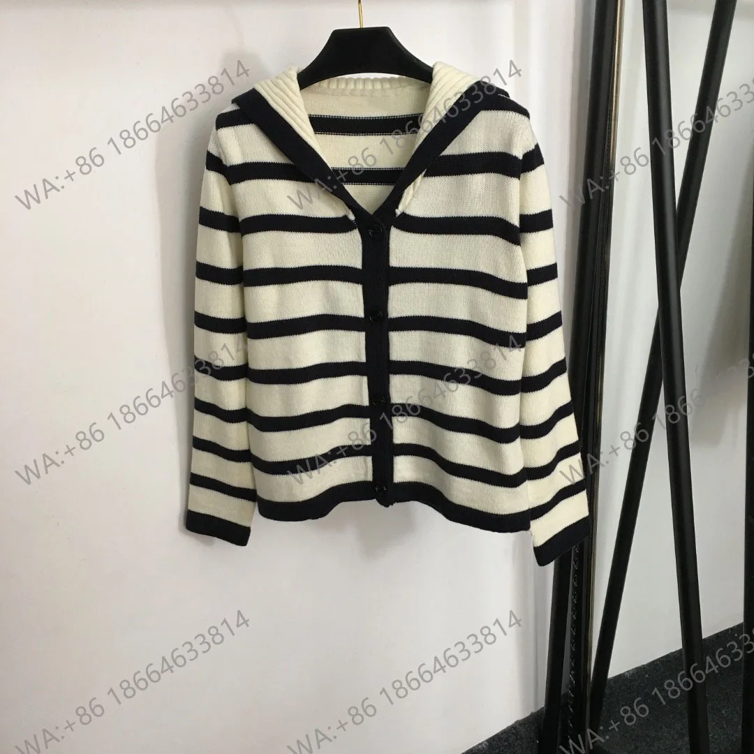 

Женский шерстяной вязаный кардиган, шерстяной кардиган с контрастными полосками и длинным рукавом, с воротником темно-синего цвета, DR2356896400, новинка 20236862