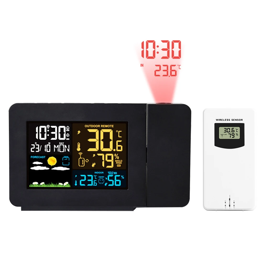 

Weather Station Thermometer Wireless Sensor Indoor Outdoor Humidity Meter Digital Alarm Projection Clock Temperature Hygrometer