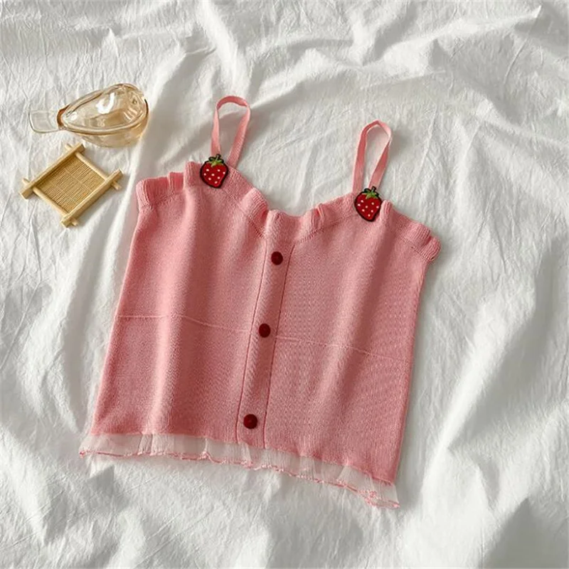 

Women Camisole Cute Knitted Top Strawberry Embroidired Patch Suspender Top Buttoned Up Crop Fungus Edge Summer Female Sling Tops