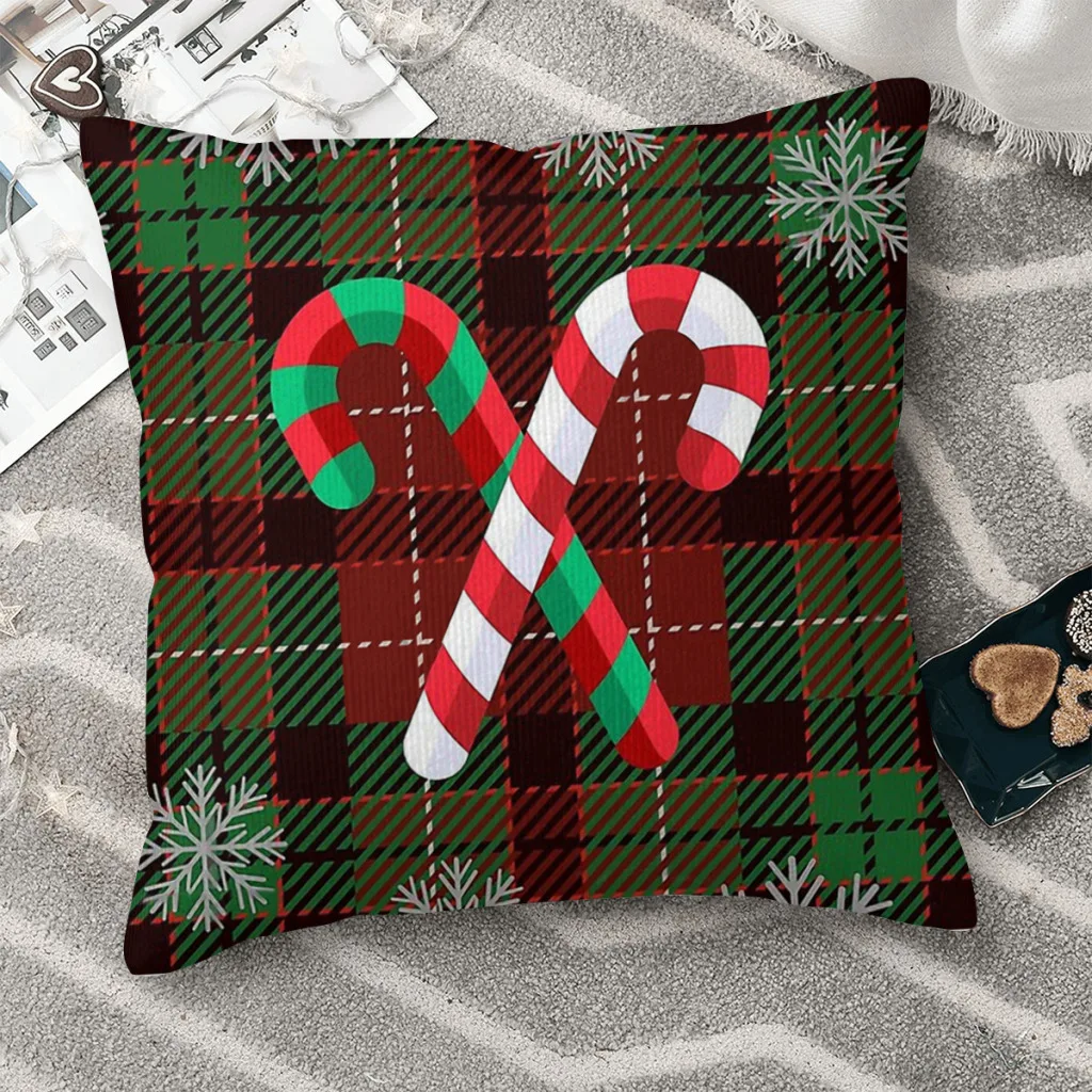

Christmas Candy Tartan Polyester Cushion Cover Sofa Car Decorative Washable Throw Pillowcase