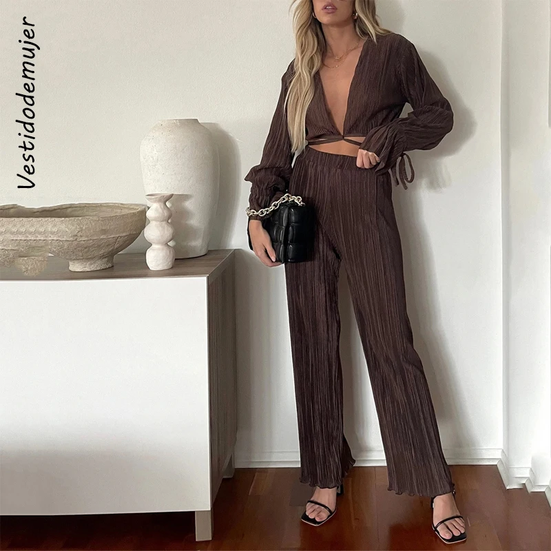 

Summer Vintage Pleated Long Sleeve Trousers Suits Women Casual Loose Shirt Wide Leg Pants 2 Pieces Set Female Vacatin Outfits