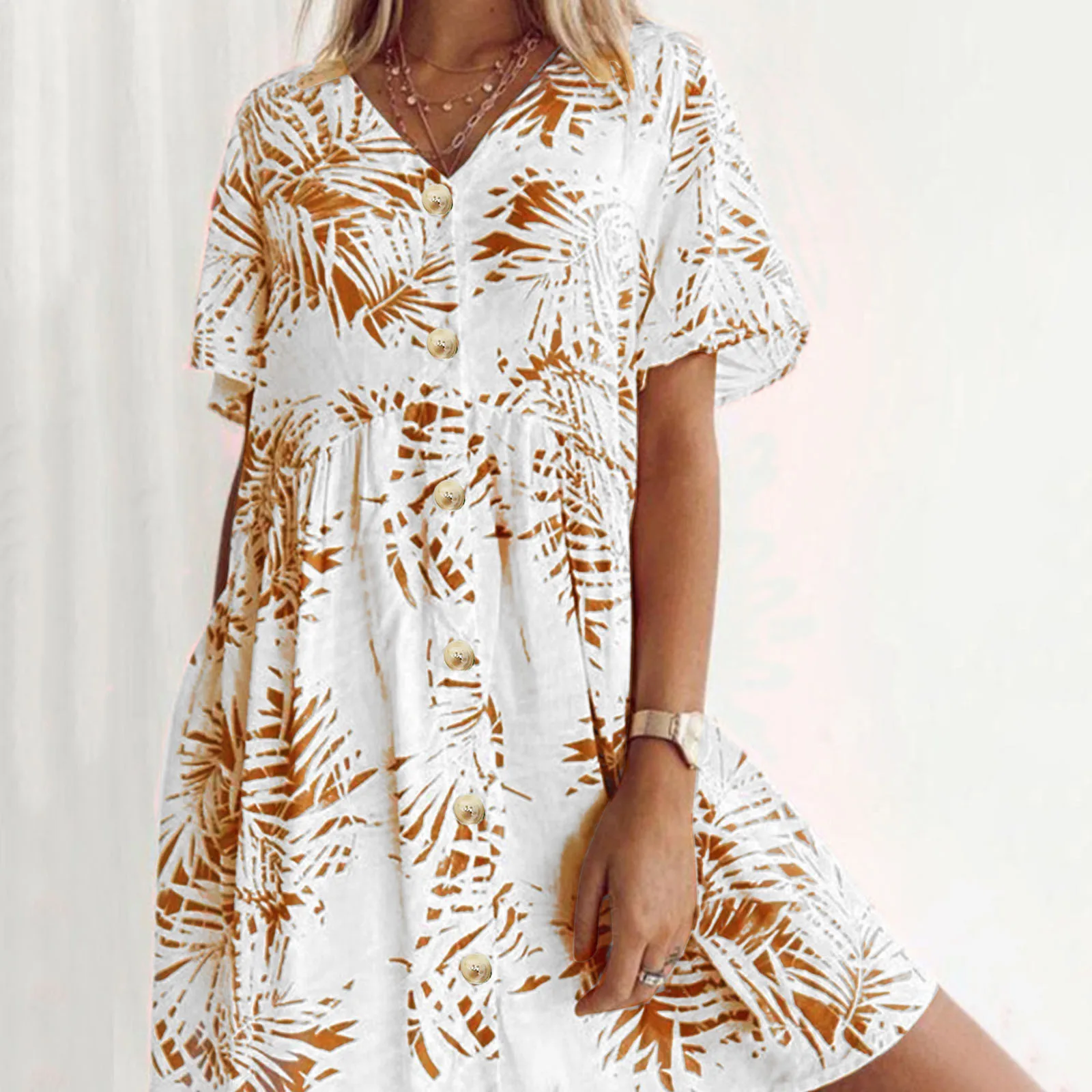 

Summer Folk Leaf Printed Shirt Dresses For Women 2023 Button Down V Neck Short Sleeve Female Clothing Vintage Mini T Shirt Dress