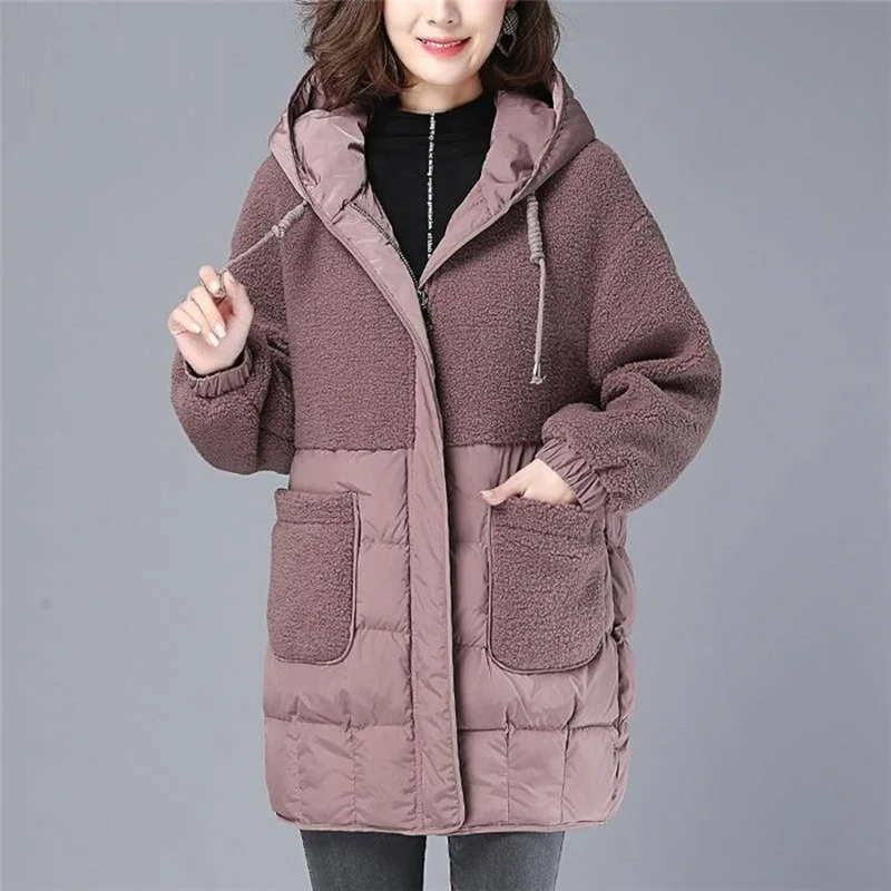 Autumn New 2023 Parkas Jackets Female Women Plus Size Lamb Teddy Splicing Hooded Coats Cotton Winter Jacket Womens Outwear Coat