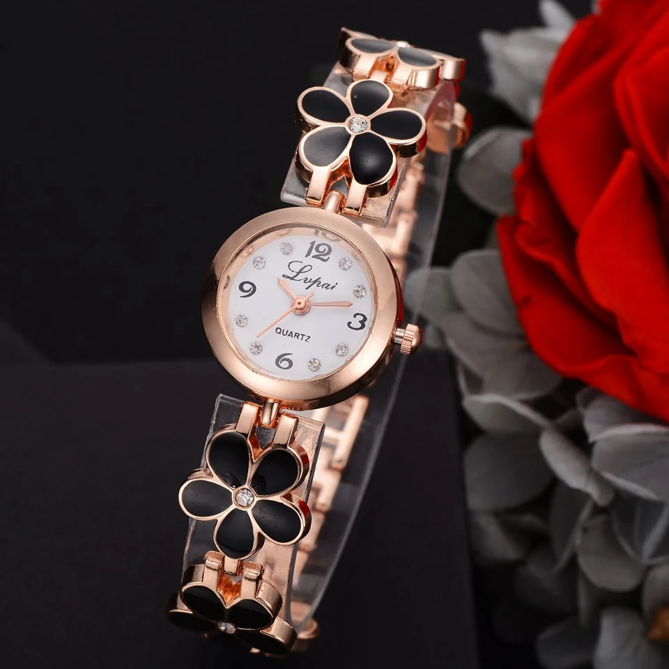 

LVPAI Brand Watches Women Daisies Flower Gold Rhinestone Bracelet Wrist Watch Girl Dress Woman Fashion Classic Watch